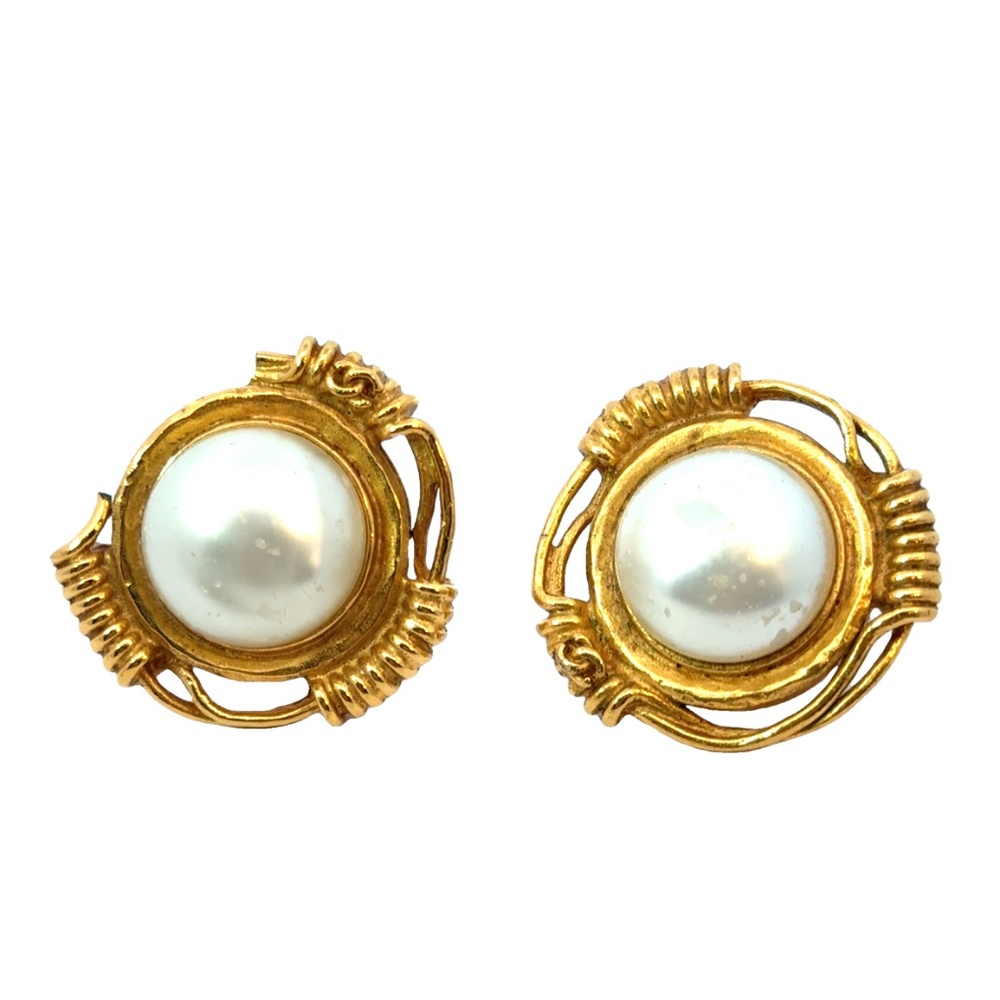 Vintage CHANEL Clip-On Earrings- Gold Tone with Feaux Pearl Center, Box